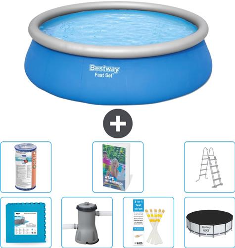 Bestway Rond Opblaasbaar Fast Set Zwembad - 457 x 122 cm - Blauw - Inclusief Pomp - Ladder - Afdekzeil - Filter - Vloertegels - 8-delig