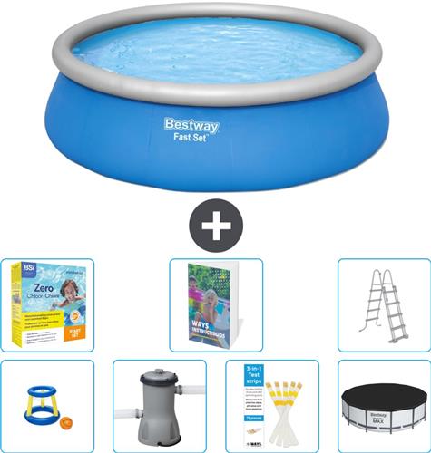 Bestway Rond Opblaasbaar Fast Set Zwembad - 457 x 122 cm - Blauw - Inclusief Pomp - Ladder - Afdekzeil - Onderhoudspakket - Speelgoed - 8-delig