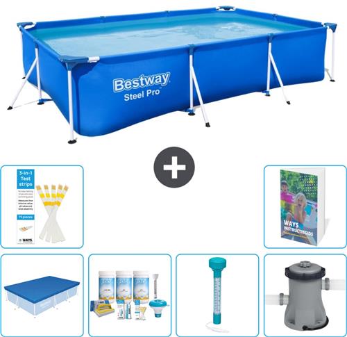Bestway Rechthoekig Steel Pro Zwembad - 300 x 201 x 66 cm - Blauw - Inclusief Afdekzeil - Onderhoudspakket - Thermometer - Zwembadfilterpomp - 7-delig