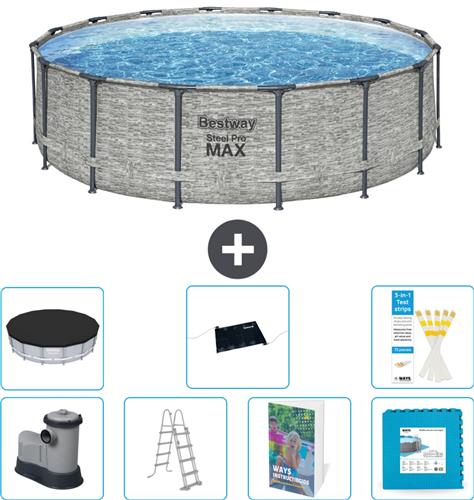 Bestway Rond Steel Pro MAX Zwembad - Steenprint - 488 x 122 cm - Inclusief Pomp - Ladder - Afdekzeil - Solar Mat - Vloertegels - 8-delig