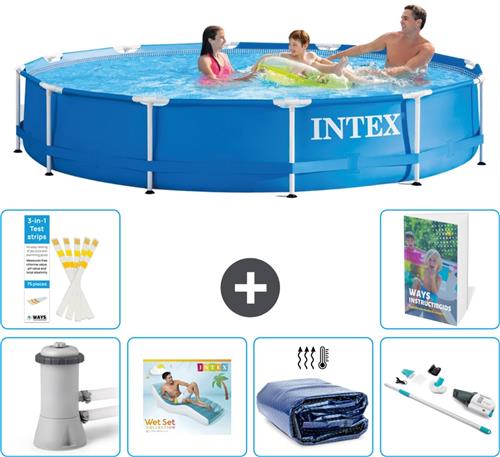 Intex Rond Frame Zwembad - 366 x 76 cm - Blauw - Inclusief Pomp - Loungebed - Solarzeil - Stofzuiger - 7-delig