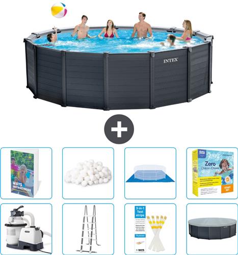 Intex Rond Graphite Gray Panel Zwembad - 478 x 124 cm - Inclusief Pomp - Ladder - Grondzeil - Afdekzeil - Filterbollen - Onderhoudspakket - 9-delig