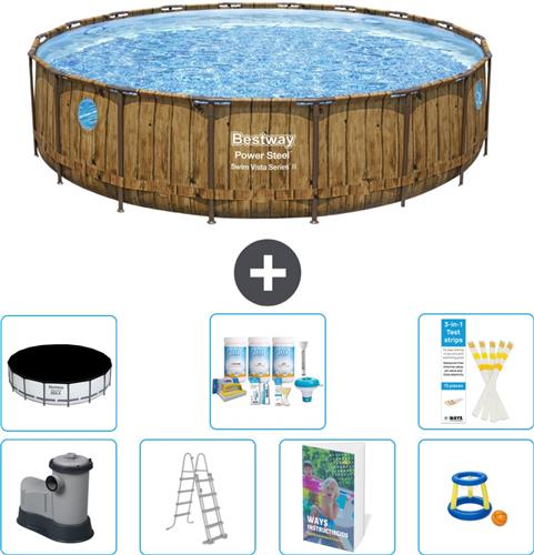Bestway Rond Power Steel Swim Vista Zwembad - Houtprint - 549 x 122 - Inclusief Pomp - Ladder - Afdekzeil - Onderhoudspakket - Speelgoed - 8-delig