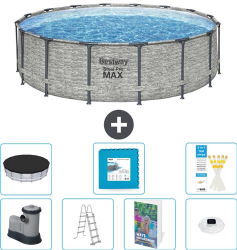 Bestway Rond Steel Pro MAX Zwembad - Steenprint - 488 x 122 cm - Inclusief Pomp - Ladder - Afdekzeil - Vloertegels - Verlichting - 8-delig