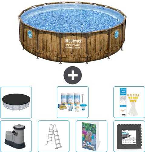 Bestway Rond Power Steel Swim Vista Zwembad - Houtprint - 488 x 122 - Inclusief Pomp - Ladder - Afdekzeil - Onderhoudspakket - Vloertegels - 8-delig
