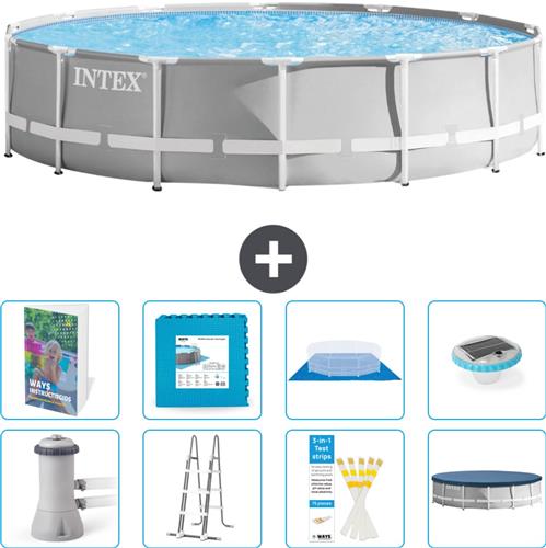 Intex Rond Prism Frame Zwembad - 427 x 107 cm - Grijs - Inclusief Pomp - Ladder - Grondzeil - Afdekzeil - Vloertegels - Verlichting - 9-delig