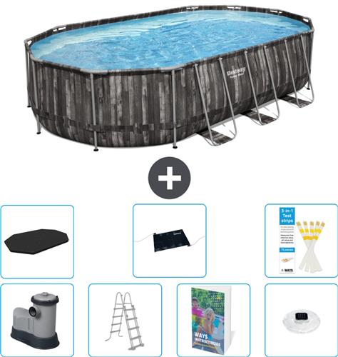 Bestway Ovaal Power Steel Zwembad - 610 x 366 x 122 - Grijs - Inclusief Pomp - Ladder - Afdekzeil - Solar Mat - Verlichting - 8-delig