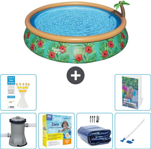 Bestway Rond Opblaasbaar Fast Set Zwembad - Paradijsprint - 457 x 84 cm - Inclusief Pomp - Onderhoudspakket - Solarzeil - Stofzuiger - 7-delig
