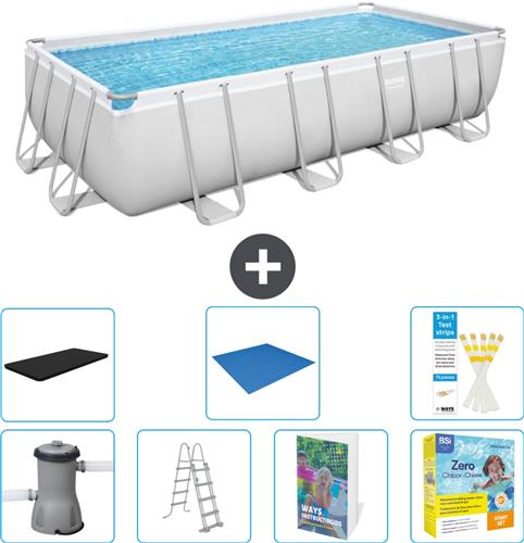 Bestway Rechthoekig Power Steel Zwembad - 488 x 244 x 122 - Grijs Inclusief Pomp - Ladder - Afdekzeil - Grondzeil - Onderhoudspakket - 8-delig