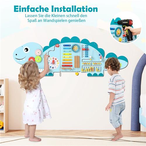 COSTWAY Montessori Motoriekbord, 11-in-1 Busy Board van hout met blokken en xylofoon en abacus, Montessori speelgoed, motoriekbord voor kinderen vanaf 1 jaar (blauw)