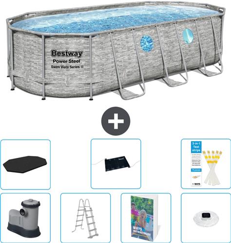 Bestway Ovaal Power Steel Swim Vista Zwembad - Steenprint - 549 x 274 x 122 - Inclusief Pomp - Ladder - Afdekzeil - Solar Mat - Verlichting - 8-delig