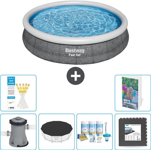 Bestway Rond Opblaasbaar Fast Set Zwembad - Rotanprint - 366 x 76 cm - Inclusief Pomp - Afdekzeil - Onderhoudspakket - Vloertegels - 7-delig