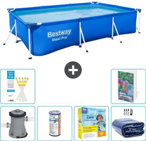 Bestway Rechthoekig Steel Pro Zwembad - 300 x 201 x 66 cm - Blauw - Inclusief Pomp - Filter - Onderhoudspakket - Solarzeil - 7-delig