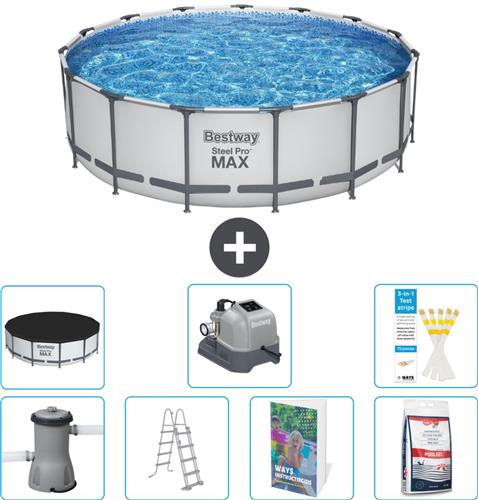 Bestway Rond Steel Pro MAX Zwembad - 457 x 122 cm - Grijs - Inclusief Pomp - Ladder - Afdekzeil - Zoutwatersysteem - Zwembadzout - 8-delig