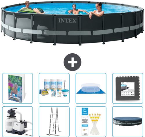Intex Rond Ultra XTR Frame Zwembad - 610 x 122 cm - Inclusief Pomp - Ladder - Grondzeil - Afdekzeil - Onderhoudspakket - Vloertegels - 9-delig