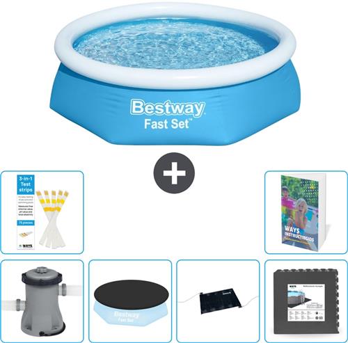 Bestway Rond Opblaasbaar Fast Set Zwembad - 244 x 61 cm - Blauw - Inclusief Pomp - Afdekzeil - Solar Mat - Vloertegels - 7-delig