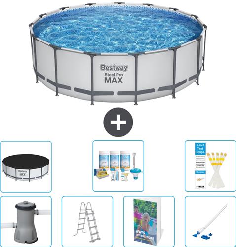 Bestway Rond Steel Pro MAX Zwembad - 457 x 122 cm - Grijs - Inclusief Pomp - Ladder - Afdekzeil - Onderhoudspakket - Stofzuiger - 8-delig