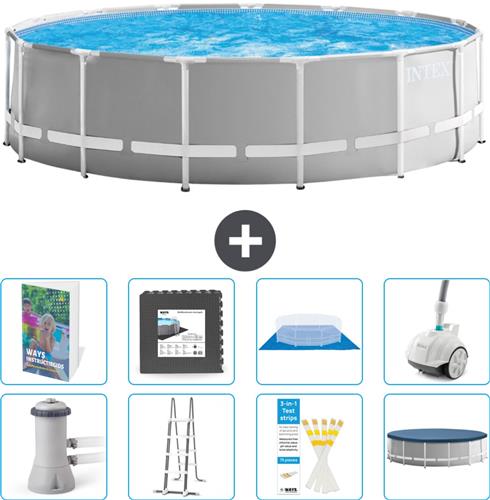 Intex Rond Prism Frame Zwembad - 457 x 122 cm - Grijs - Inclusief Pomp - Ladder - Grondzeil - Afdekzeil - Vloertegels - Stofzuiger - 9-delig
