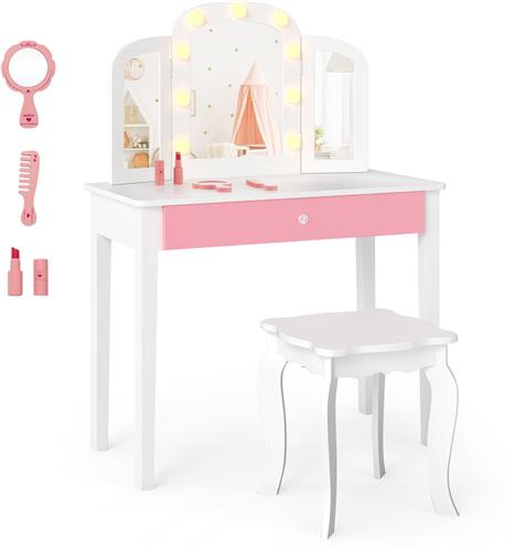 COSTWAY 2-in-1 make-uptafel voor kinderen met verlichting, kaptafel met kruk, lade, inklapbare en 3-kleurige spiegel, prinsessen-cosmeticatafel, make-upcommode voor meisjes vanaf 3 jaar (wit)