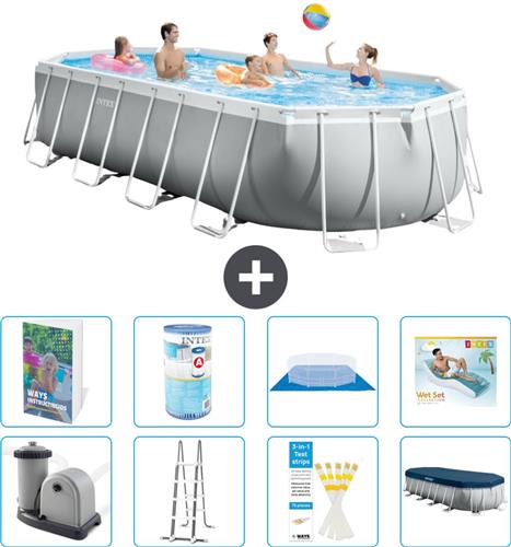 Intex Ovaal Prism Frame Zwembad - 610 x 305 x 122 cm - Grijs - Inclusief Pomp - Ladder - Grondzeil - Afdekzeil - Filter - Loungebed - 9-delig