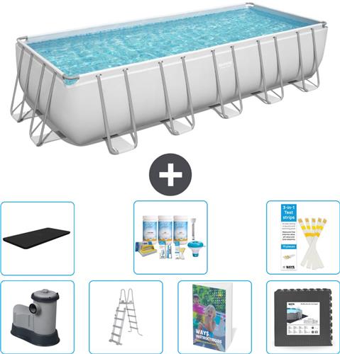 Bestway Rechthoekig Power Steel Zwembad - 640 x 274 x 132 - Grijs - Inclusief Pomp - Ladder - Afdekzeil - Onderhoudspakket - Vloertegels - 8-delig