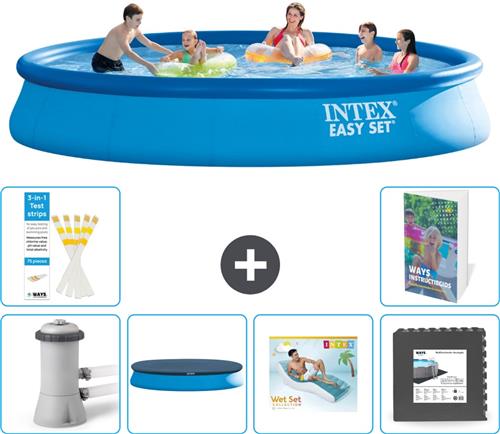 Intex Rond Opblaasbaar Easy Set Zwembad - 457 x 84 cm - Blauw - Inclusief Pomp - Afdekzeil - Loungebed - Vloertegels - 7-delig