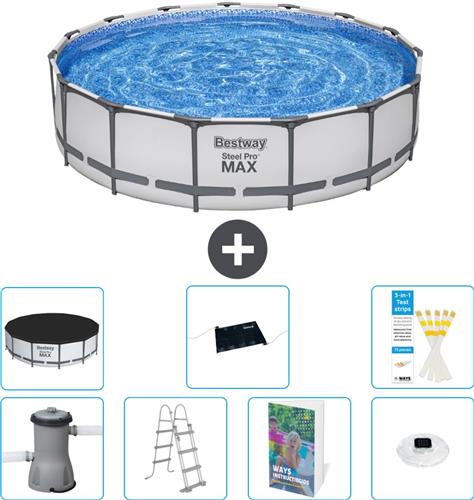 Bestway Rond Steel Pro MAX Zwembad - 457 x 107 cm - Grijs - Inclusief Pomp - Ladder - Afdekzeil - Solar Mat - Verlichting - 8-delig