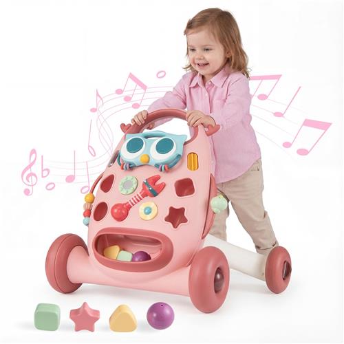 COSTWAY Loopwagen voor baby, loophulp met ovale speler & vormensorteerder, loophulp met rammelaars, kralen en glijdende vogel, loopwagen voor kinderen van 10-36 maanden (roze)