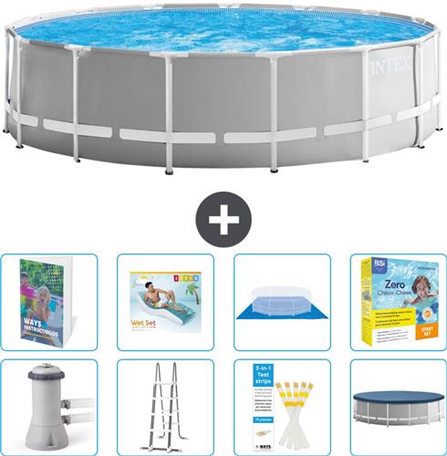 Intex Rond Prism Frame Zwembad - 457 x 122 cm - Grijs - Inclusief Pomp - Ladder - Grondzeil - Afdekzeil - Loungebed - Onderhoudspakket - 9-delig