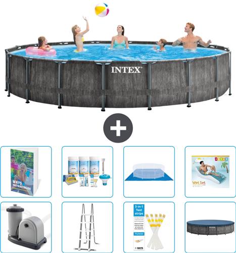 Intex Rond Prism Frame Greywood Zwembad - 549 x 122 cm - Inclusief Pomp - Ladder - Grondzeil - Afdekzeil - Onderhoudspakket - Loungebed - 9-delig