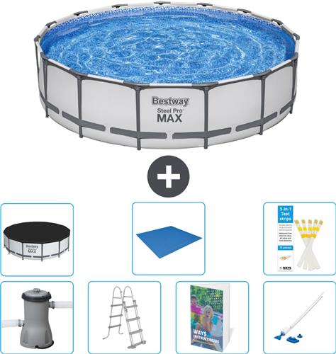 Bestway Rond Steel Pro MAX Zwembad - 457 x 107 cm - Grijs - Inclusief Pomp - Ladder - Afdekzeil - Grondzeil - Stofzuiger - 8-delig