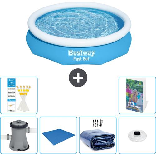 Bestway Rond Opblaasbaar Fast Set Zwembad - 305 x 66 cm - Blauw - Inclusief Pomp - Grondzeil - Solarzeil - Verlichting - 7-delig