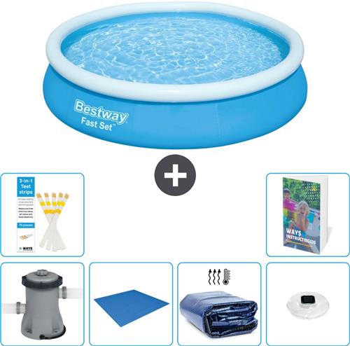 Bestway Rond Opblaasbaar Fast Set Zwembad - 366 x 76 cm - Blauw - Inclusief Pomp - Grondzeil - Solarzeil - Verlichting - 7-delig