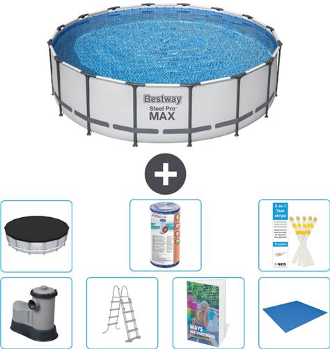 Bestway Rond Steel Pro MAX Zwembad - 488 x 122 cm - Grijs - Inclusief Pomp - Ladder - Afdekzeil - Filter - Grondzeil - 8-delig