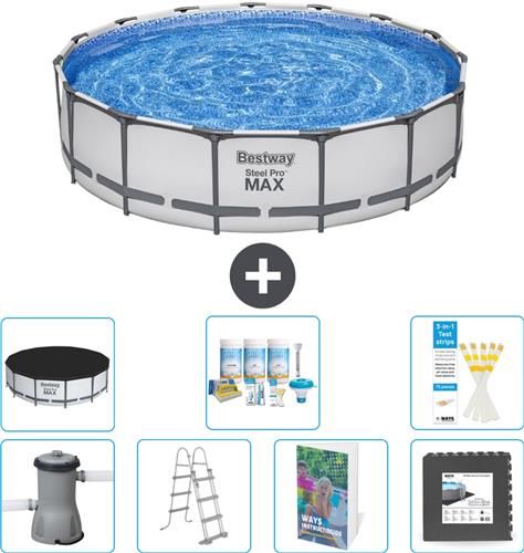 Bestway Rond Steel Pro MAX Zwembad - 457 x 107 cm - Grijs - Inclusief Pomp - Ladder - Afdekzeil - Onderhoudspakket - Vloertegels - 8-delig
