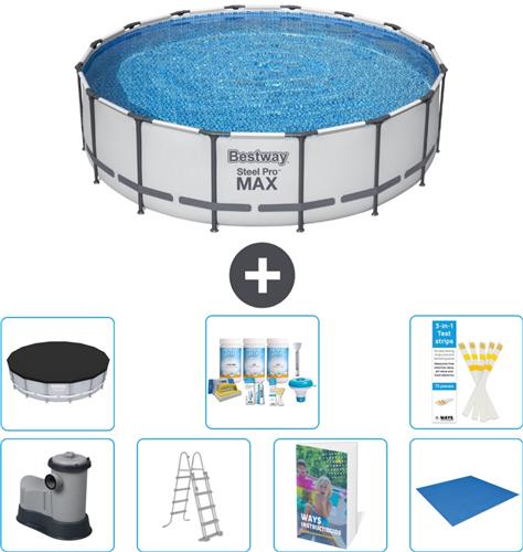 Bestway Rond Steel Pro MAX Zwembad - 488 x 122 cm - Grijs - Inclusief Pomp - Ladder - Afdekzeil - Onderhoudspakket - Grondzeil - 8-delig