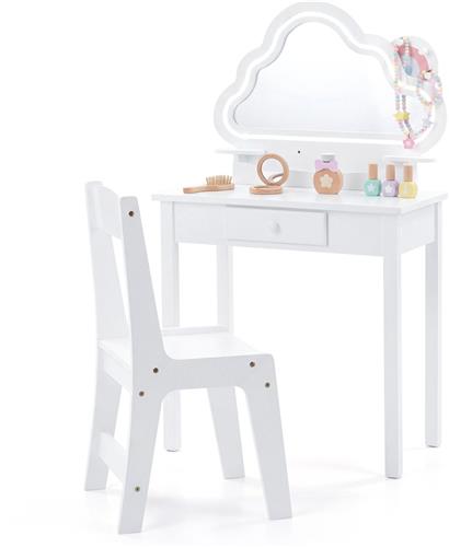 COSTWAY Kindermake-up tafel met wolkenvormige verlichting (Wit) | Kinderschminktafel, Kaptafel met kruk, Spiegel, Lade, Planken & Haken, Make-up tafel voor meisjes vanaf 3 jaar