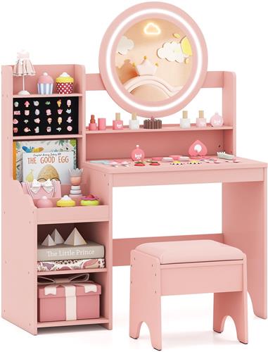 COSTWAY Kindermake-up tafel met verlichting, kindermake-up tafel met spiegel, planken & gevoet krukje, Prinsessenkaptafel van hout, Make-up commode voor meisjes vanaf 3 jaar (Roze)