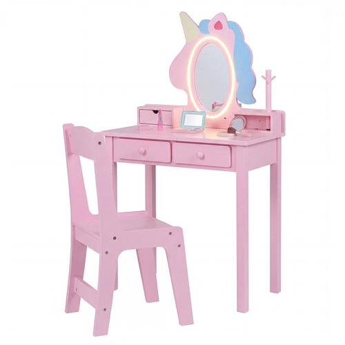 COSTWAY Kinderschminktafel Eenhoorn, 2-in-1 Kaptafel met Verlichting & 2 Lichtkleuren, Kinderschminktafel met Afneembare Spiegel, Sieradenhouder & Laden, Make-uptafel voor Meisjes (Roze)
