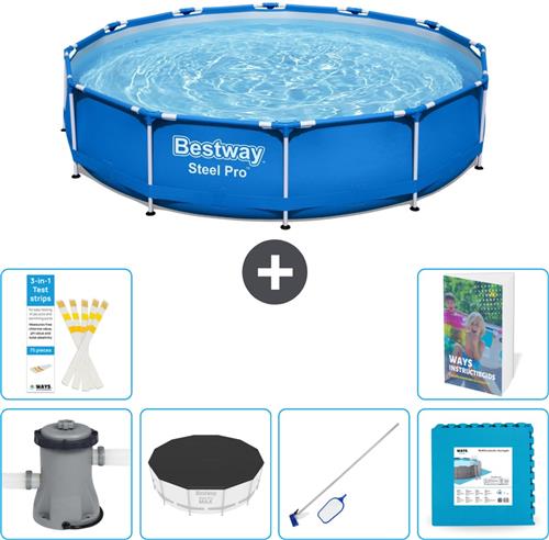 Bestway Rond Steel Pro Zwembad - 366 x 76 cm - Blauw - Inclusief Pomp - Afdekzeil - Schoonmaakset - Vloertegels - 7-delig