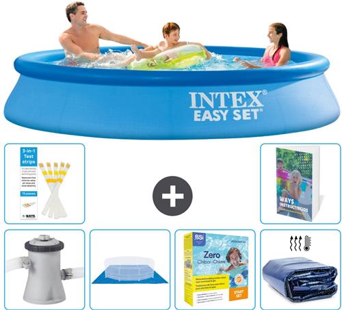 Intex Rond Opblaasbaar Easy Set Zwembad - 305 x 61 cm - Blauw - Inclusief Pomp - Grondzeil - Onderhoudspakket - Solarzeil - 7-delig
