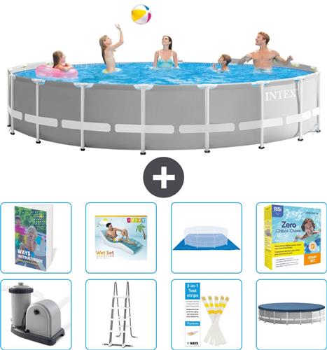 Intex Rond Prism Frame Zwembad - 548 x 122 cm - Grijs - Inclusief Pomp - Ladder - Grondzeil - Afdekzeil - Loungebed - Onderhoudspakket - 9-delig