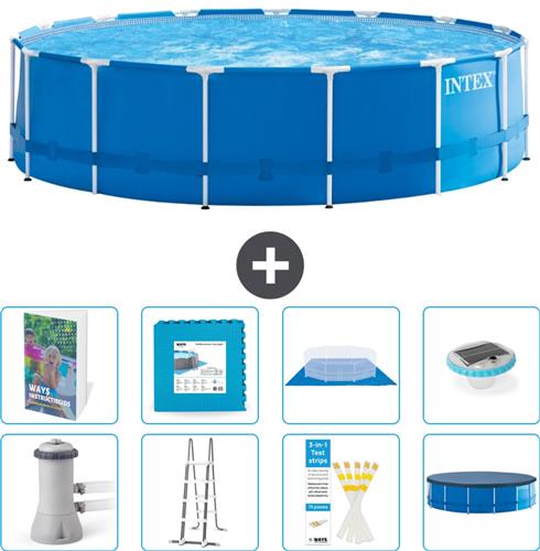 Intex Rond Frame Zwembad - 457 x 122 cm - Blauw - Inclusief Pomp - Ladder - Grondzeil - Afdekzeil - Vloertegels - Verlichting - 9-delig