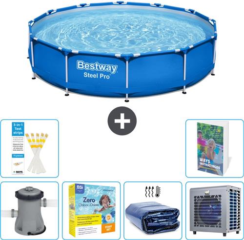 Bestway Rond Steel Pro Zwembad - 366 x 76 cm - Blauw - Inclusief Pomp - Onderhoudspakket - Solarzeil - Warmtepomp - 7-delig