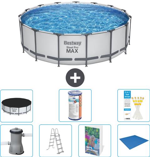 Bestway Rond Steel Pro MAX Zwembad - 457 x 122 cm - Grijs - Inclusief Pomp - Ladder - Afdekzeil - Filter - Grondzeil - 8-delig