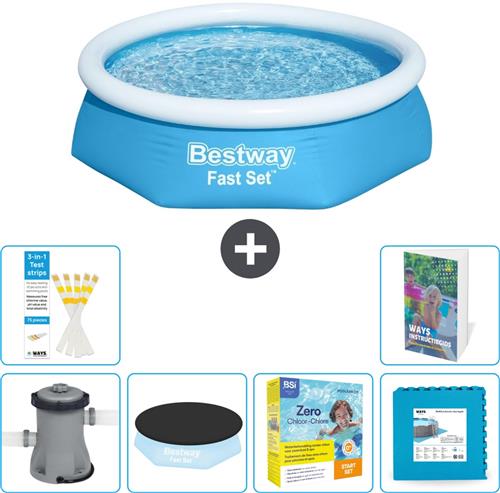 Bestway Rond Opblaasbaar Fast Set Zwembad - 244 x 61 cm - Blauw - Inclusief Pomp - Afdekzeil - Onderhoudspakket - Vloertegels - 7-delig