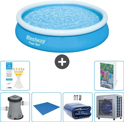 Bestway Rond Opblaasbaar Fast Set Zwembad - 366 x 76 cm - Blauw - Inclusief Pomp - Grondzeil - Solarzeil - Warmtepomp - 7-delig