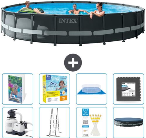 Intex Rond Ultra XTR Frame Zwembad - 610 x 122 cm - Inclusief Pomp - Ladder - Grondzeil - Afdekzeil - Onderhoudspakket - Vloertegels - 9-delig