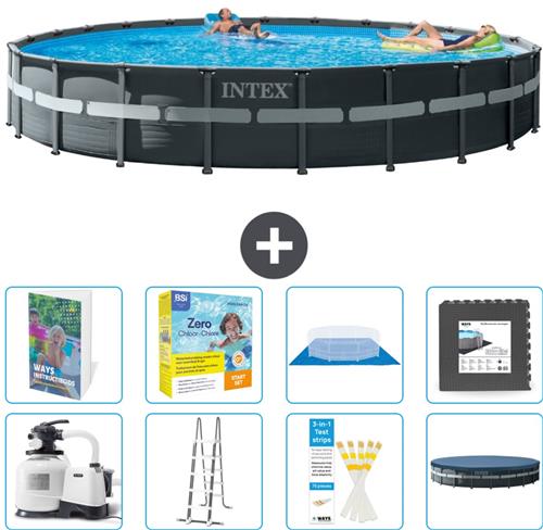 Intex Rond Ultra XTR Frame Zwembad - 732 x 132 cm - Inclusief Pomp - Ladder - Grondzeil - Afdekzeil - Onderhoudspakket - Vloertegels - 9-delig