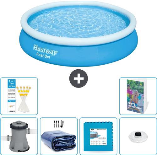 Bestway Rond Opblaasbaar Fast Set Zwembad - 366 x 76 cm - Blauw - Inclusief Pomp - Solarzeil - Vloertegels - Verlichting - 7-delig